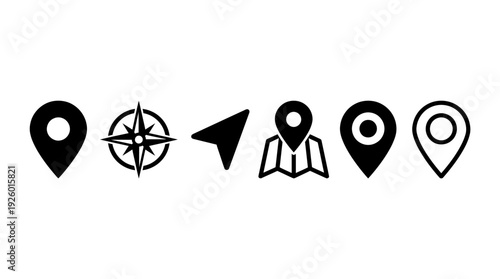Location and Navigation Icons Set: GPS Map Pin Markers, Compass Rose, Pointer, and Map Symbols