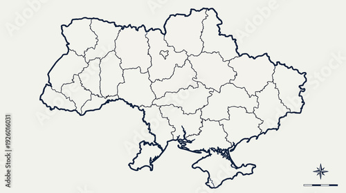 Ukraine Blank Outline Map with Administrative Regions and Borders for Customization