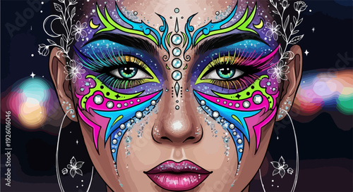 Woman with vibrant colorful face paint and makeup artistic expression festive look close up portrait bright eyes bold design stage performance carnival atmosphere decorative