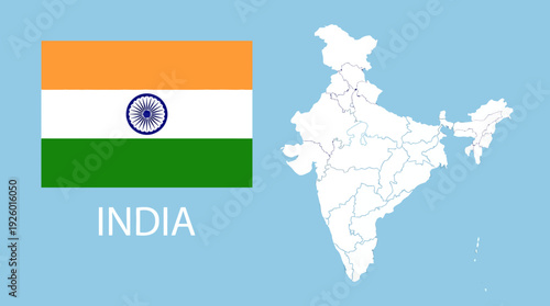 India National Flag, Ashoka Chakra, and Political Map with State Borders on Light Blue Background