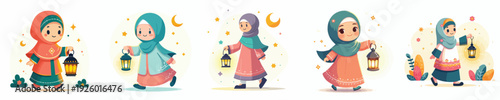 vector of a Muslim little girl walking carrying a Ramadan lantern