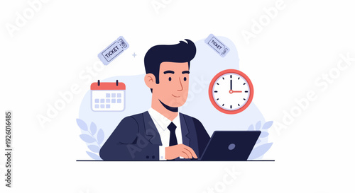 Businessman working on laptop with calendar and clock in background symbolizing productivity and time management in office setting with schedule and deadlines