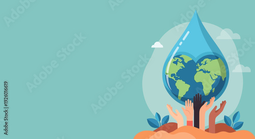 Illustration representing World Water Day with a droplet containing the Earth and hands reaching upwards, symbolizing global unity and water conservation