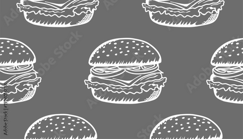 Burger Seamless Pattern. Hand Drawn Fast Food Illustration. Cheeseburger Repeating Background. Minimal Doodle Vector Texture.