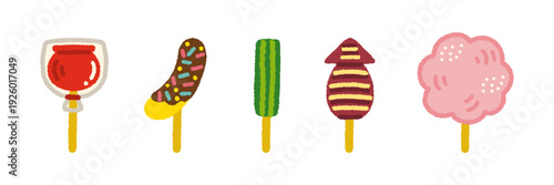 縁日 屋台フード セット イラスト 夏祭り 手描き シンプル