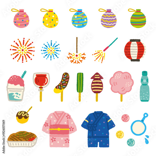 夏祭り イラスト セット 縁日 屋台 子ども 手描き シンプル フラット素材