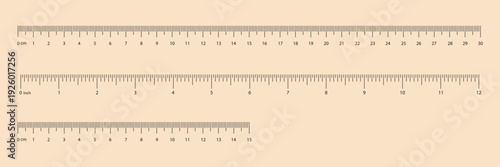Ruler template collection. Measuring tool and ruler scale. Markup for rulers. Centimeters and inches measuring scale.  0 to 12, 30 Measuring scale set with centimeters and inches.