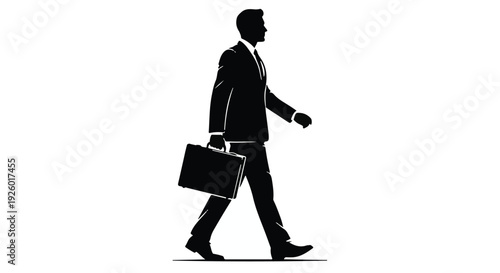 Businessman walks forward carrying a briefcase in this professional black and white vector silhouette.
