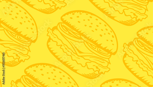 Burger Seamless Pattern. Hand Drawn Fast Food Illustration. Cheeseburger Repeating Background. Minimal Doodle Vector Texture.