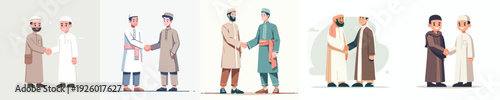 vector of fellow Muslim brothers men shaking hands and forgiving each other on Eid Mubarak