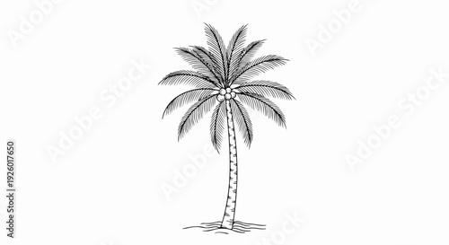 A detailed black and white illustration of a single palm tree standing alone on a plain background with a slender trunk and large leafy crown