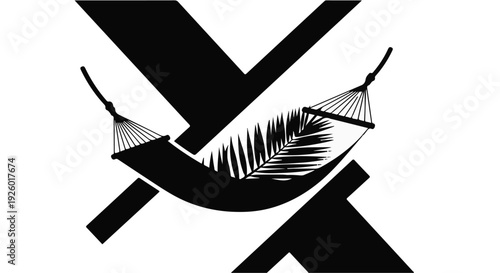 Hammock with a tropical palm leaf nestled within large, abstract letter forms X and Y, symbolizing relaxation and vacation concepts.