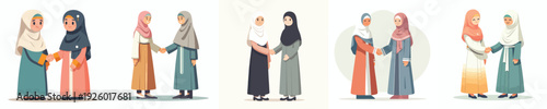 vector of fellow Muslim brothers women shaking hands and forgiving each other on Eid Mubarak