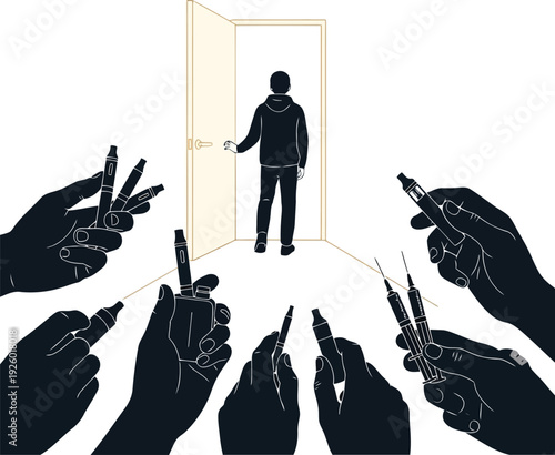 Silhouette illustration of peer pressure and social anxiety with hands pointing pens at isolated person