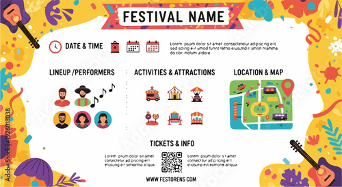 Festival flyer template with colorful design and icons for music event including lineup activities and ticket information on yellow background
