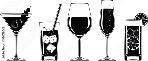 Elegant cocktail and wine glass silhouettes black and white vector illustration isolated beverage drink collection set