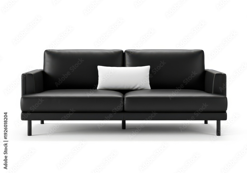 Fototapeta premium Modern black leather seating arrangement features a single white accent cushion positioned centrally.