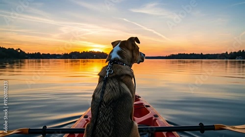 A dog enjoys a tranquil sunset view from a kayak on calm waters.