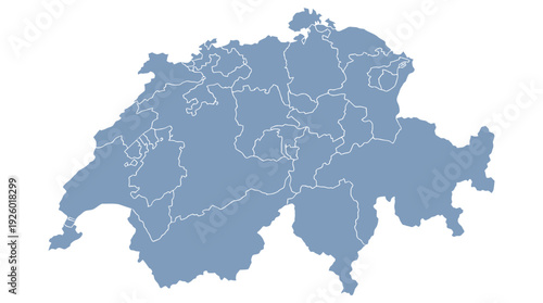 Switzerland Map with Cantons. Detailed Political and Administrative Divisions of Swiss Cantons in Blue and White. Blank Geographical Outline for Customization.
