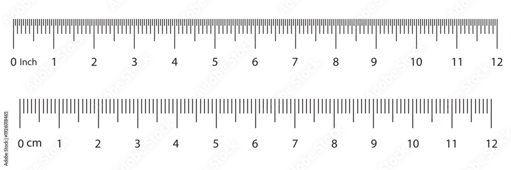 Naklejka premium Ruler scales 1to 10, 12 centimeters, inches markup, numbers. Measuring sticks. Distance, height, length measurement, sewing tool black mockup. Measuring chart, metric, imperial units icon template.