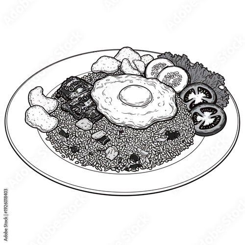 Indonesian Nasi Goreng Fried Rice Illustration - Hand Drawn Asian Cuisine with Fried Chicken, Egg, and Side Dishes Vector