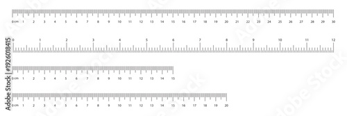 Measuring charts with 30 centimeters, 12 inches. Horizontal scale with 6 inch and 15 centimeter markup and numbers. Rulers Inch and metric rulers template. EPS 10.