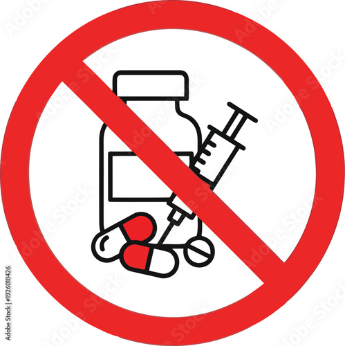 No Drugs Sign Vector Icon – Anti Drug Abuse Symbol with Pills, Syringe, and Medicine Bottle in Red Circle