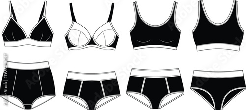 Women underwear and sports bra silhouettes collection black and white vector illustration isolated lingerie apparel set