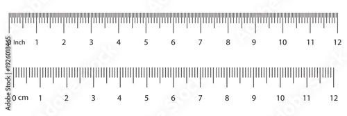 Ruler scales 1to 10, 12 centimeters, inches markup, numbers. Measuring sticks. Distance, height, length measurement, sewing tool black mockup. Measuring chart, metric, imperial units icon template.