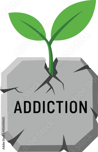 Green Plant Growing Through Cracked Stone with Addiction Text Symbolizing Recovery and Hope