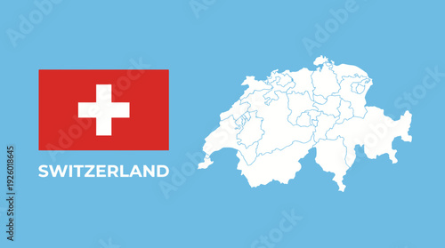 Switzerland: National Flag, Outline Map with Cantons, and Country Name on Blue Background