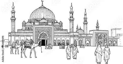 Hand Drawn Mosque Illustration with People and Camels, Islamic Architecture Line Art