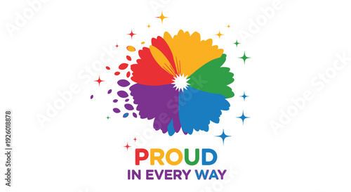 LGBTQ pride logo, colorful rainbow splatter design with 'PROUD IN EVERY WAY' text