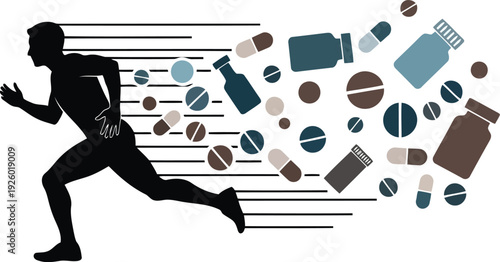 Silhouette Runner with Supplements and Pills Illustrating Sports Nutrition and Performance Enhancement
