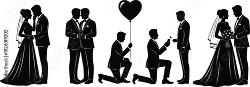 Same sex wedding and proposal silhouettes collection black and white vector illustration inclusive marriage celebration scenes