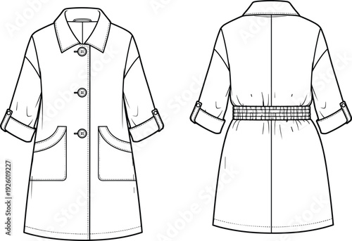 Black and white fashion technical sketch of a women's trench coat featuring a button front large pockets cuffed sleeves and a gathered waist