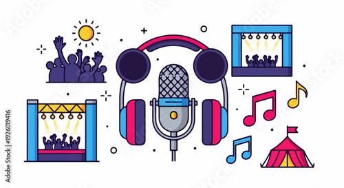 Colorful music and podcast equipment with headphones and microphone on white background for broadcasting and recording
