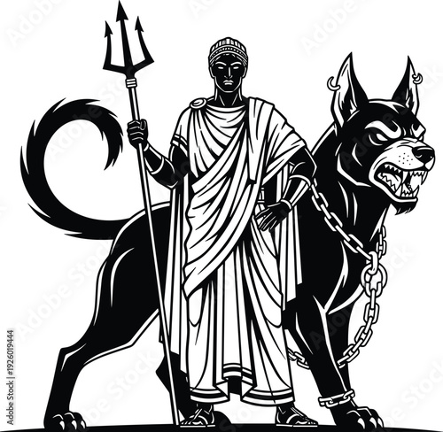 Ancient underworld god with trident and fierce guardian dog black and white mythological vector illustration artwork