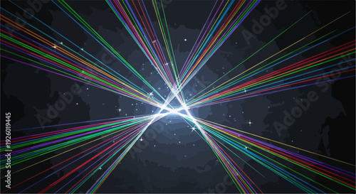Vibrant multicolored light rays burst from a central point against a dark background with a white border