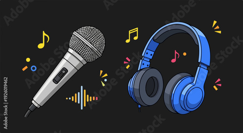 Microphone and blue headphones with colorful music notes on black background symbolizing music and podcasting