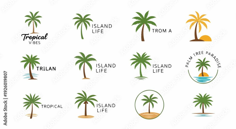 Obraz premium Collection of tropical palm tree icons and island life labels on white background for travel and tourism branding