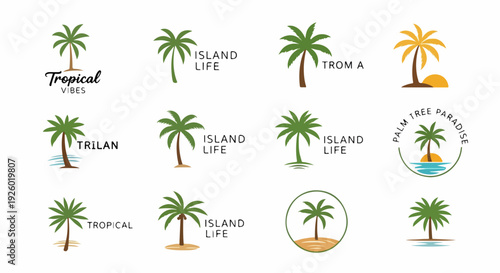 Collection of tropical palm tree icons and island life labels on white background for travel and tourism branding