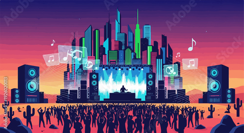 Vibrant desert music festival at sunset with crowd and stage neon lights and speakers cacti in foreground lively atmosphere