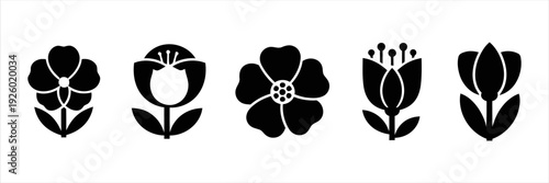 Set of Five Stylized Black Flower Silhouettes on White Background