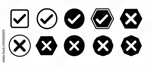 Collection of Checkmark and Cross Icons in Various Geometric Shapes