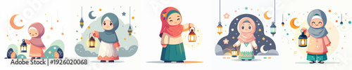 vector of a Muslim little girl standing carrying a Ramadan lantern