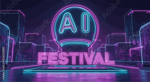 Vibrant neon festival sign with ai logo in futuristic cityscape at night purple and blue hues