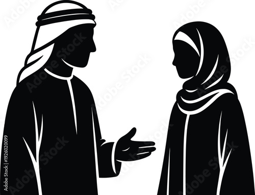 Arab man and woman in traditional attire silhouette, cultural communication concept, Middle Eastern couple conversation isolated on white background illustration design