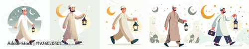 vector of a Muslim man walking carrying a Ramadan lantern