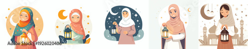 half body vector of a Muslim woman standing carrying a Ramadan lantern